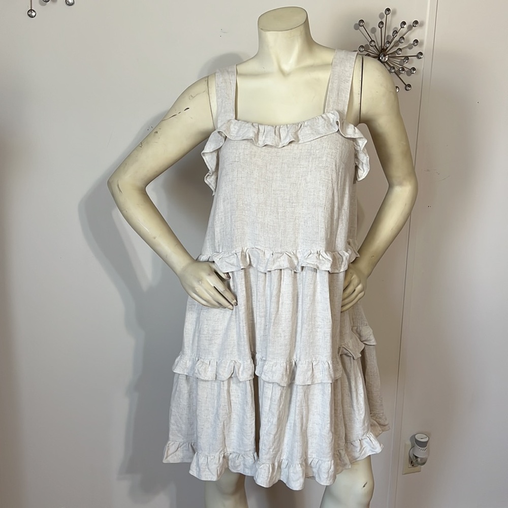 New By Together Linen Taupe Sleeveless, Ruffle Dress